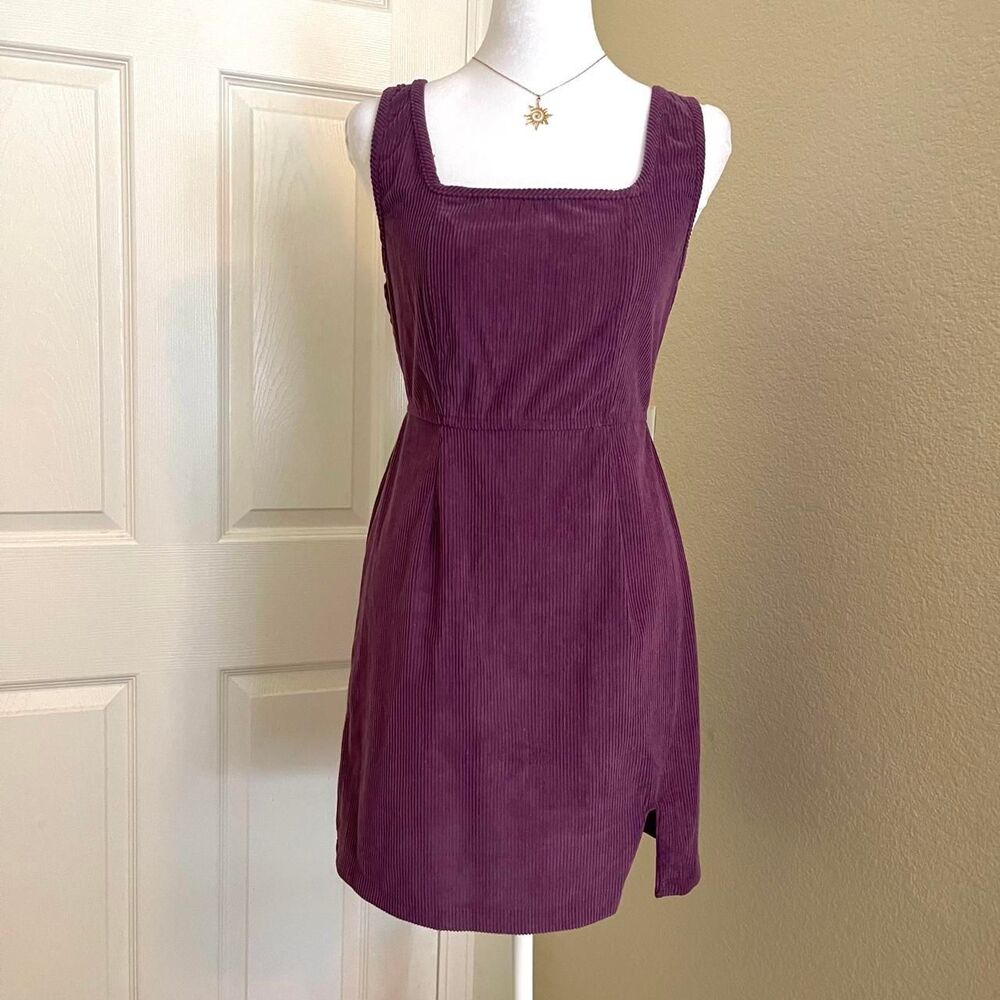 Purple corduroy mini dress with square neckline and side slit - size small